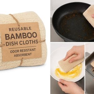 Reusable Bamboo Dish Cloths Odor Resistant Absorbent Kitchen Washcloths For Greasy Pots Pans Dishes Heavy Duty