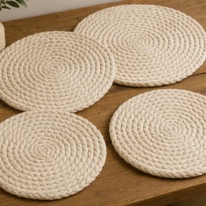 Round Woven Cotton Placemats Farmhouse Boho Style Braided Table Mats Heat Resistant Kitchen Dining Room Mats