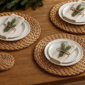 Natural Water Hyacinth Placemats Handwoven Round Rattan Table Mats Rustic Thick Wicker Coasters For Holiday Dining